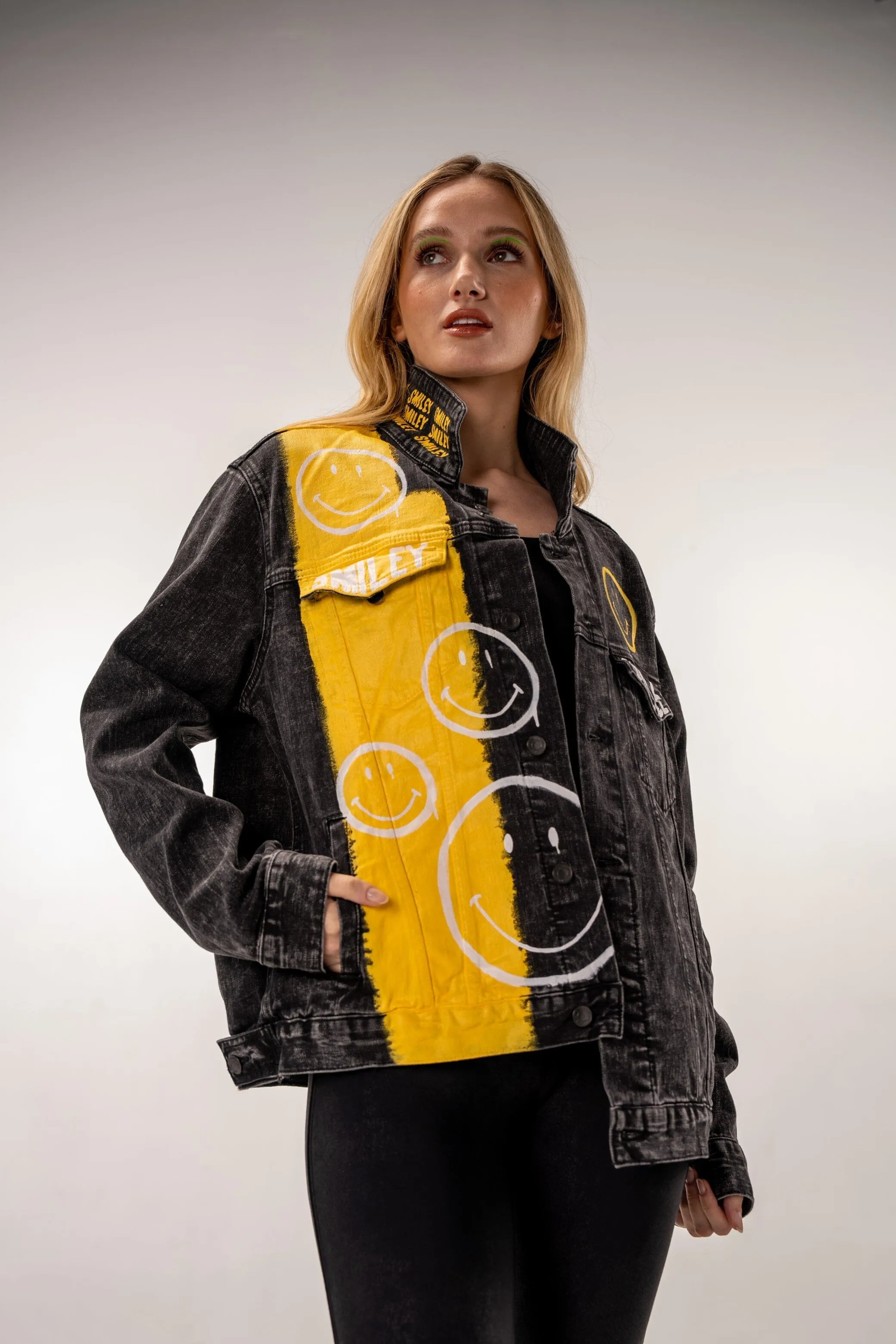 'The Smiley (Black) Denim' Painted Jacket