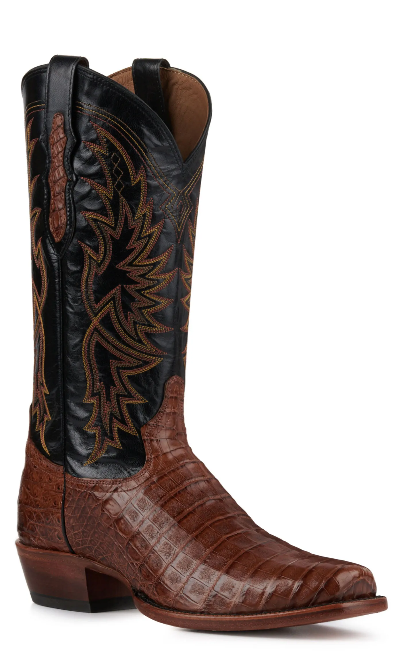 Tony Lama Men's Black and Brown Caiman Belly Punchy Square Toe Exotic Cowboy Boots - Cavender's Exclusive