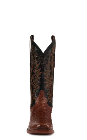 Tony Lama Men's Black and Brown Caiman Belly Punchy Square Toe Exotic Cowboy Boots - Cavender's Exclusive