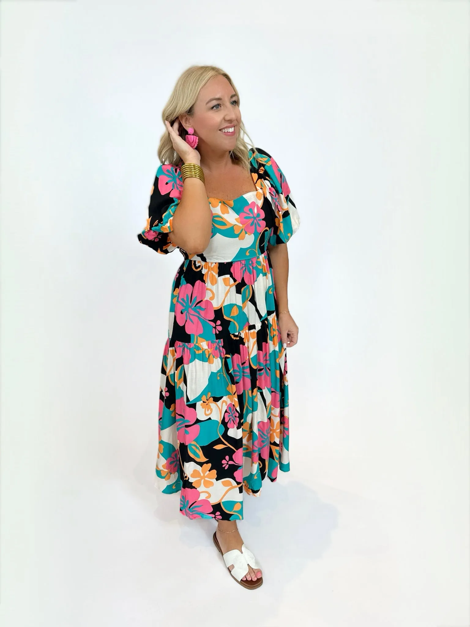 Tropical Sensation Long Floral Bubble Sleeve Dress