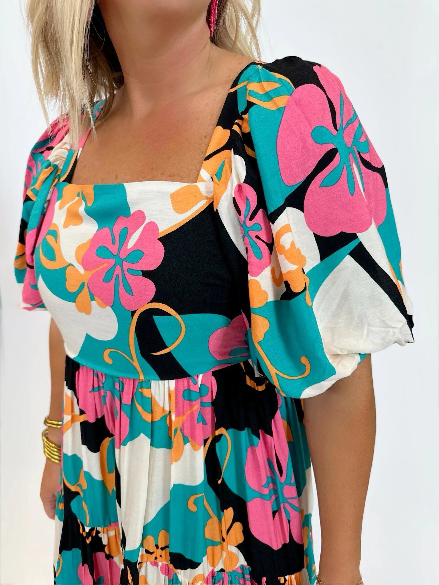 Tropical Sensation Long Floral Bubble Sleeve Dress