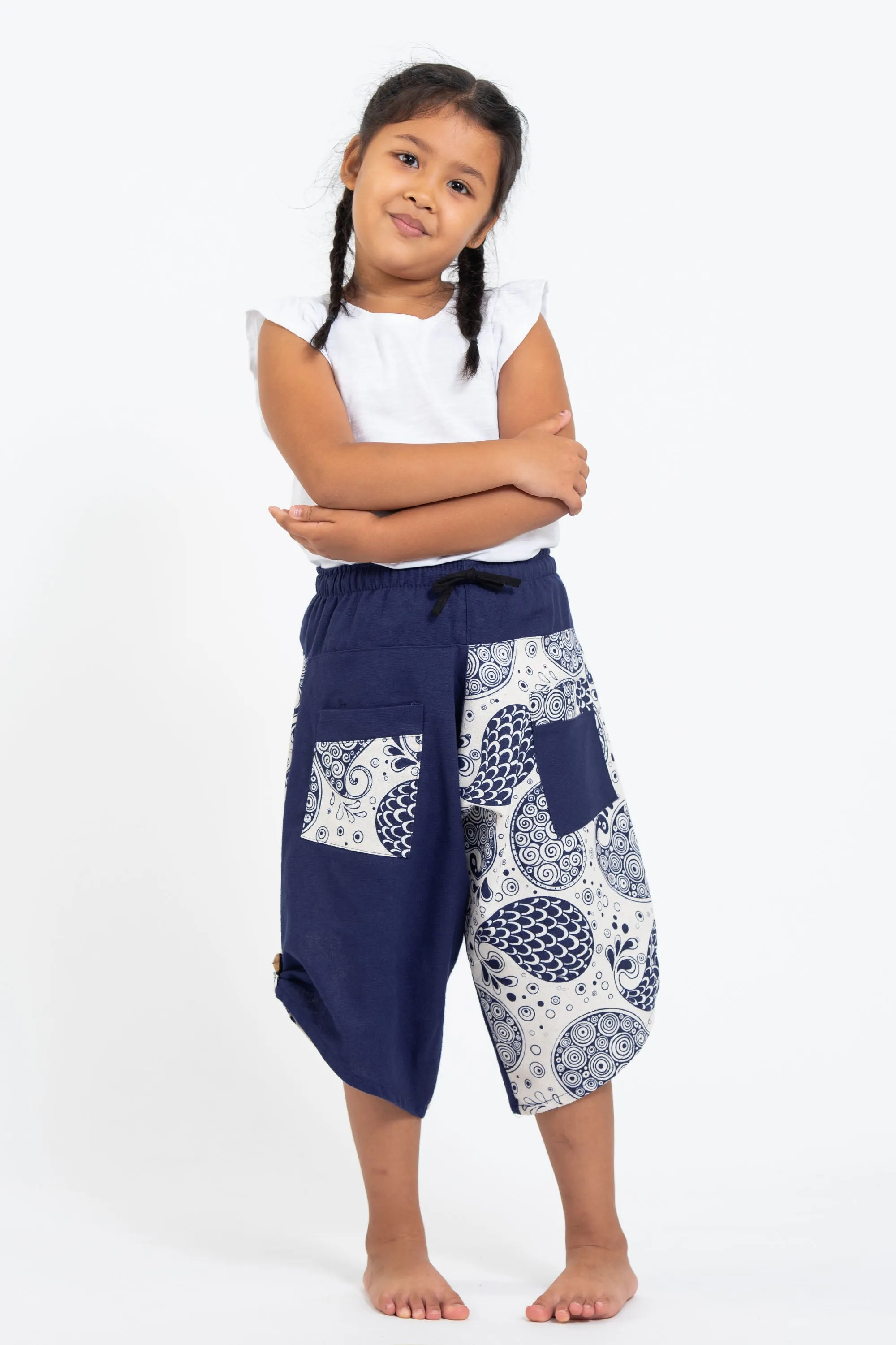 Two Tone Paisley Prints Kids Three Quarter Pants in Blue