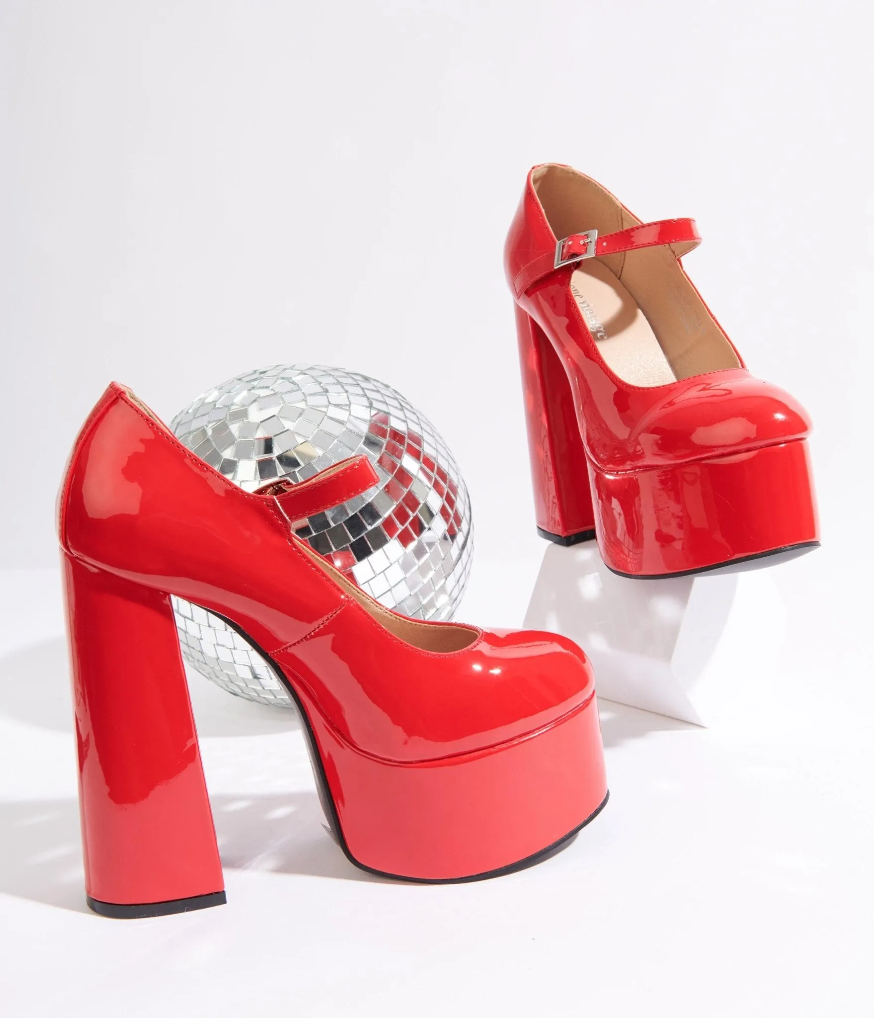 Unique Vintage Red Patent Leatherette Platform Mary Jane Heels