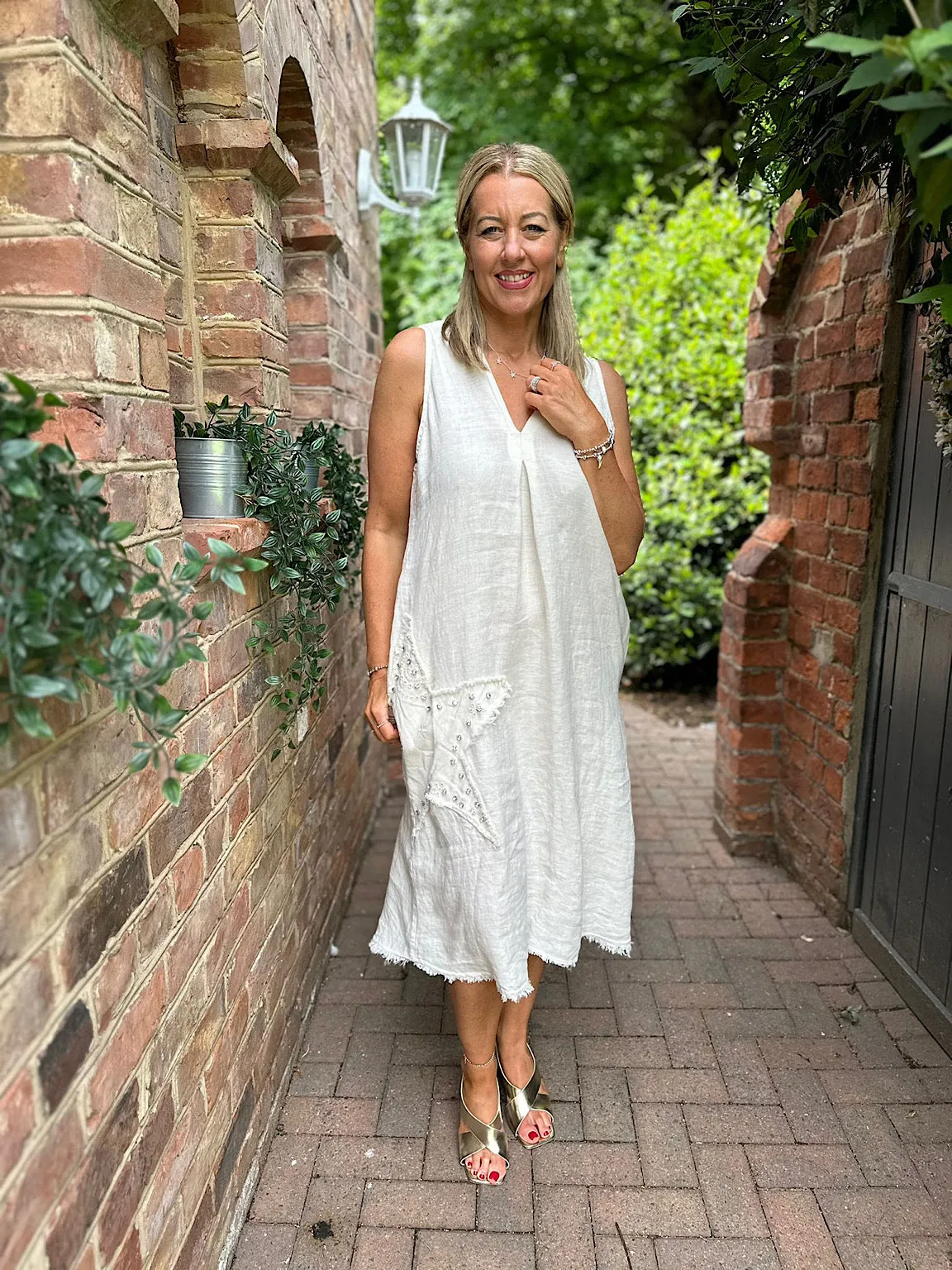 Vanilla Diamante Linen Raw Edge Star Dress Jackie