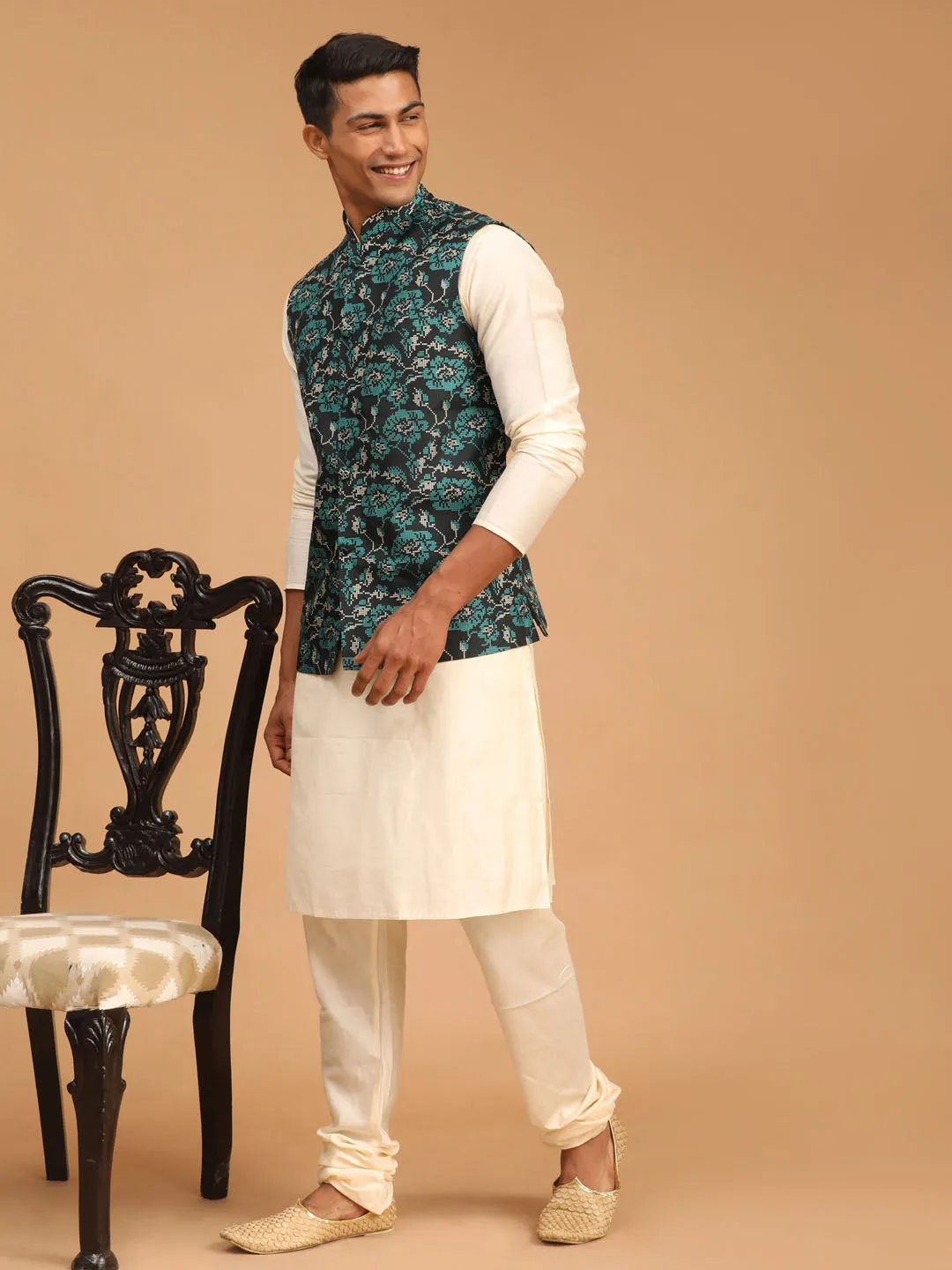 VASTRAMAY Men's Green Printed Nehru Jacket With Cream Solid kurta & Pyjama Set