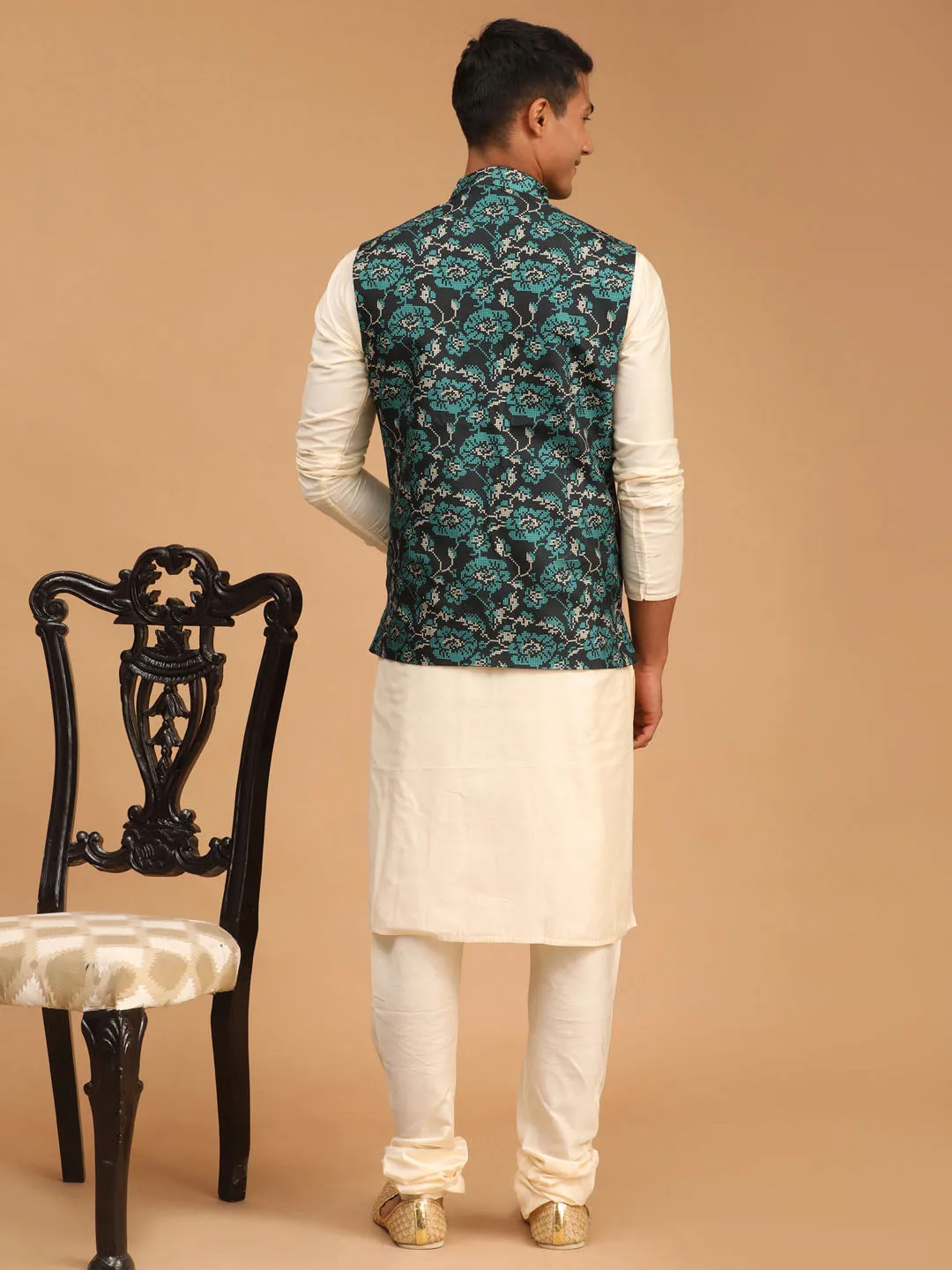 VASTRAMAY Men's Green Printed Nehru Jacket With Cream Solid kurta & Pyjama Set