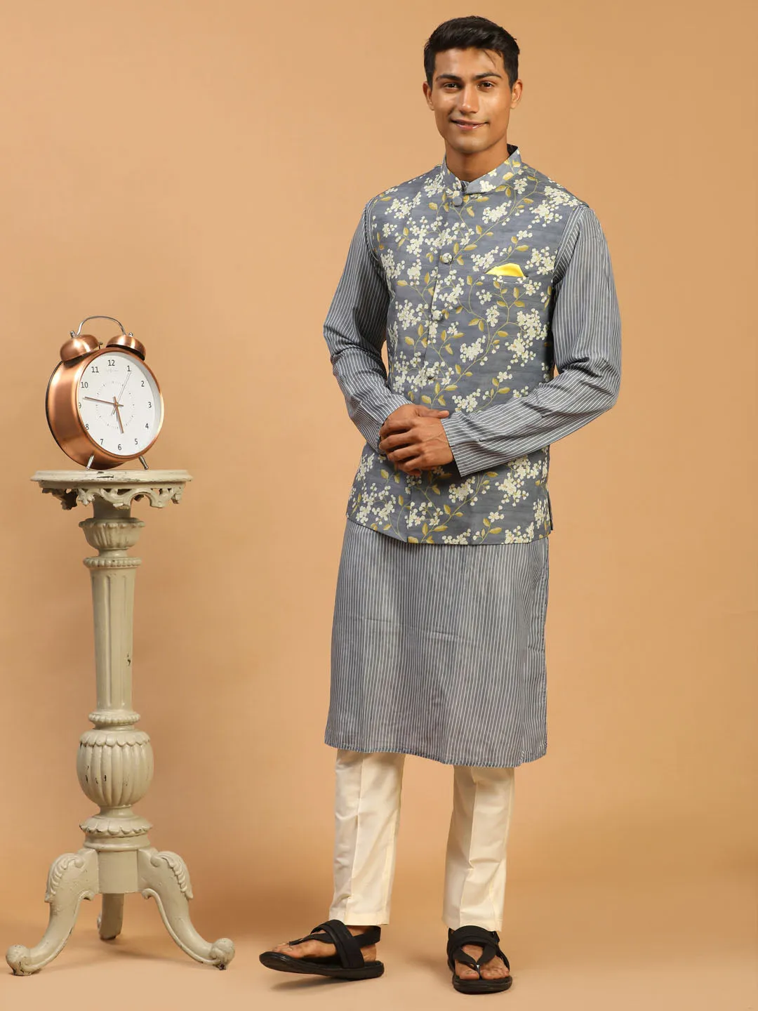 VASTRAMAY Men's Grey Printed Nehru Jacket And kurta With Cream Viscose Pant Set