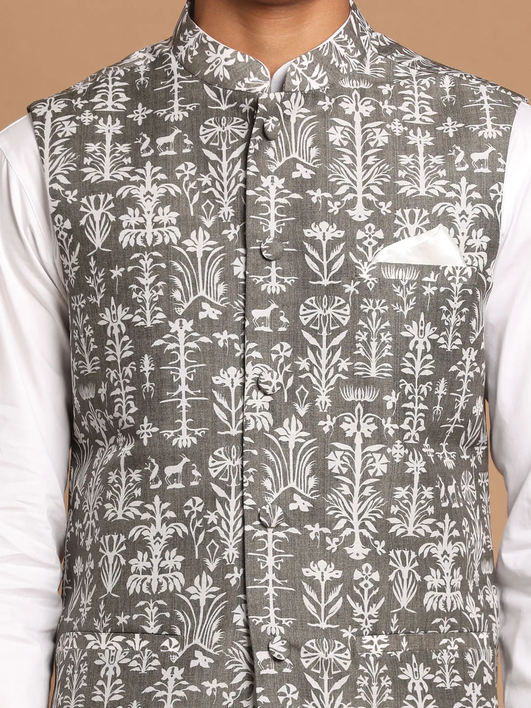 VASTRAMAY Men's Grey Printed Nehru Jacket With White Solid kurta & White Cotton Pant Set