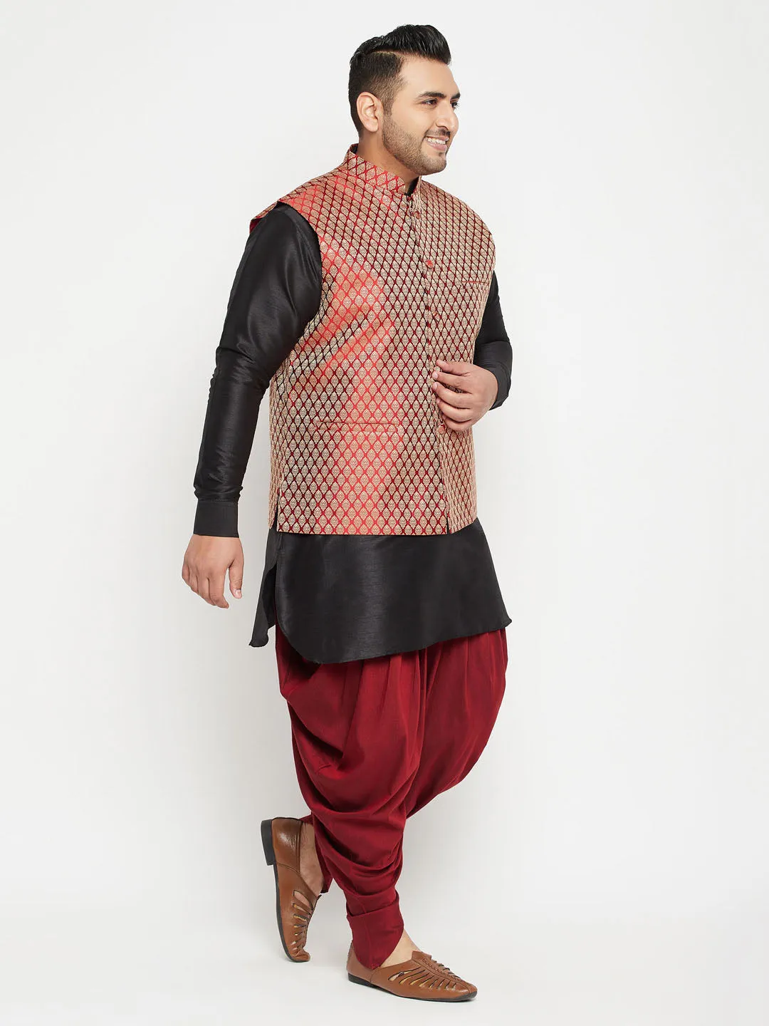 VASTRAMAY Men's Plus Size Black and Maroon Silk Blend Jacket With Kurta Dhoti Pant Set