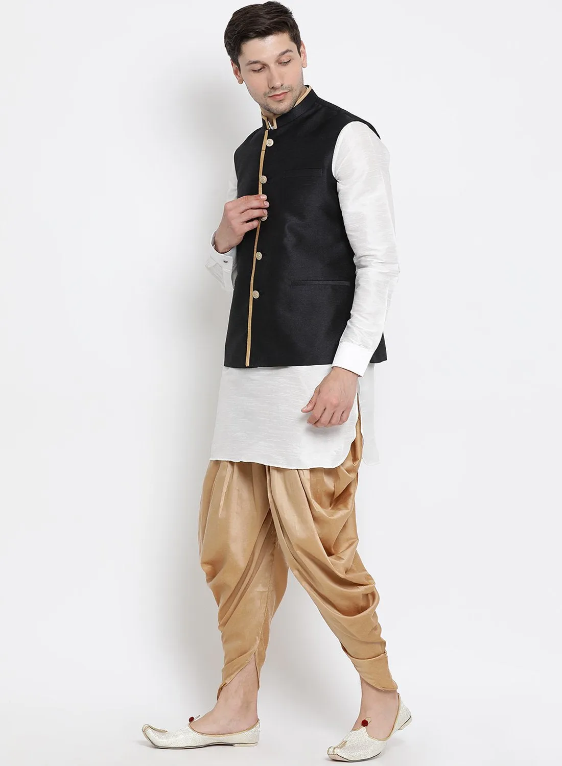 VASTRAMAY Men's White Cotton Silk Blend Ethnic Jacket, Kurta and Dhoti Pant Set