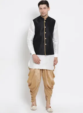 VASTRAMAY Men's White Cotton Silk Blend Ethnic Jacket, Kurta and Dhoti Pant Set