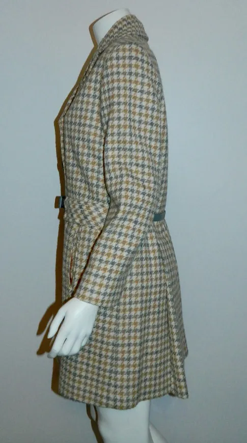 vintage 1960s plaid peacoat MOD wool coat gray camel Houndstooth S - M