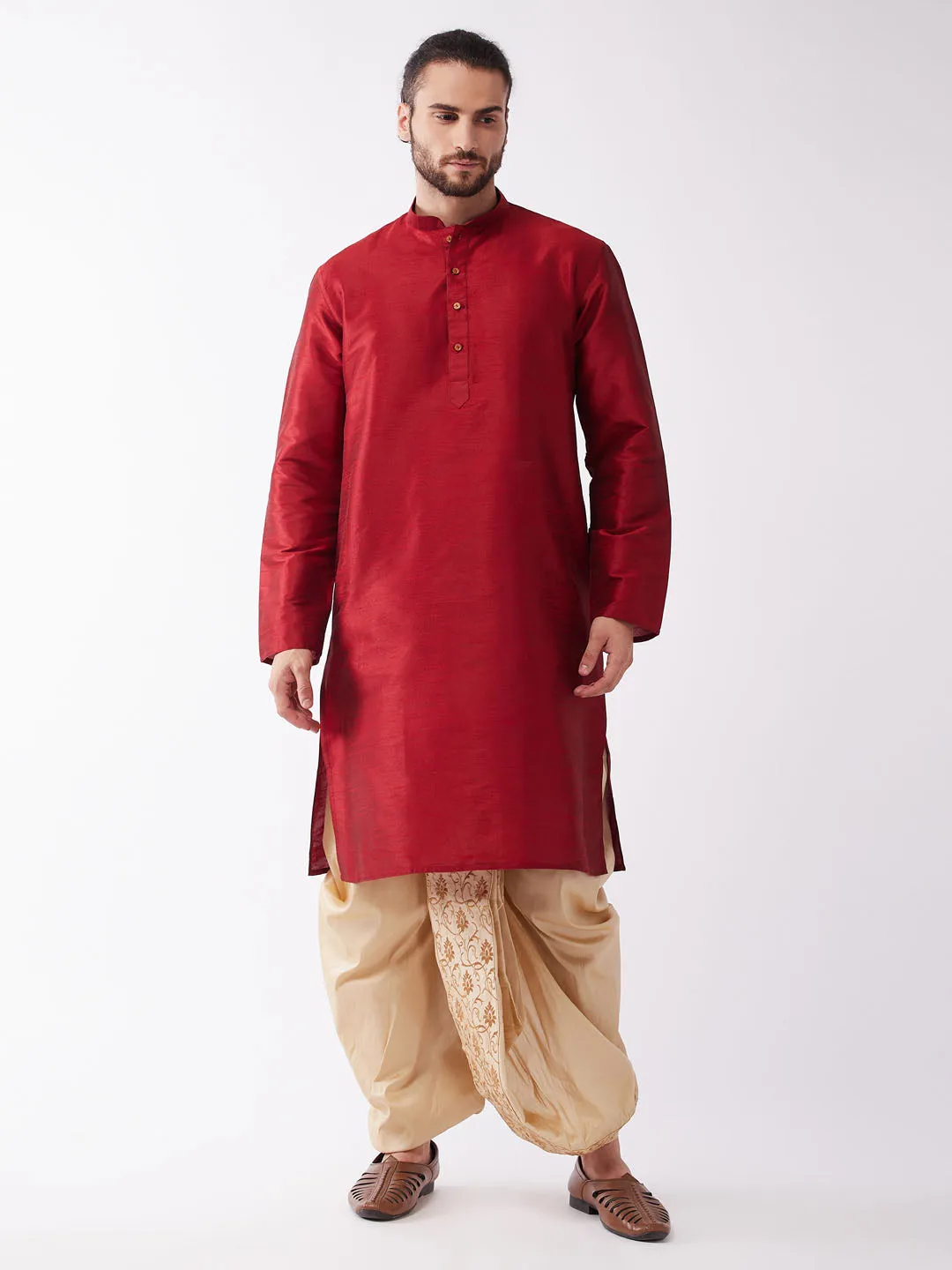 VM BY VASTRAMAY Men Maroon Regular Kurta with Dhoti Pants