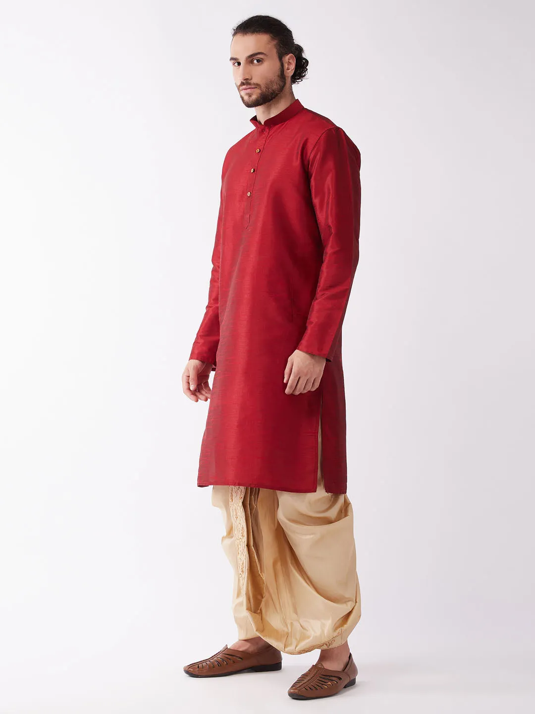 VM BY VASTRAMAY Men Maroon Regular Kurta with Dhoti Pants