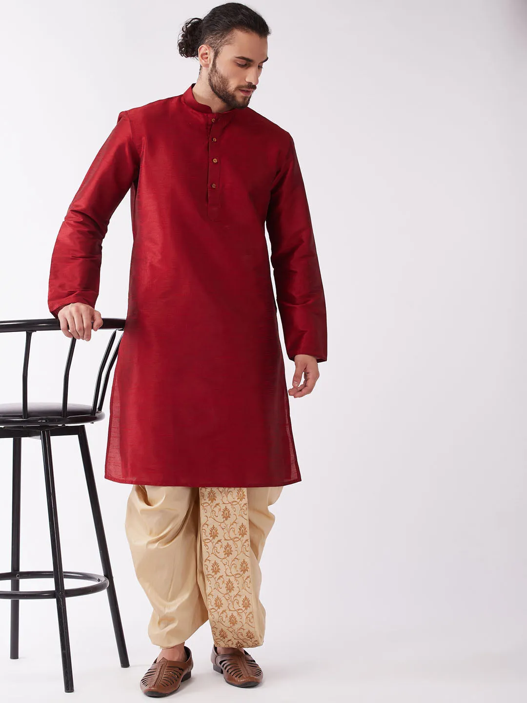 VM BY VASTRAMAY Men Maroon Regular Kurta with Dhoti Pants