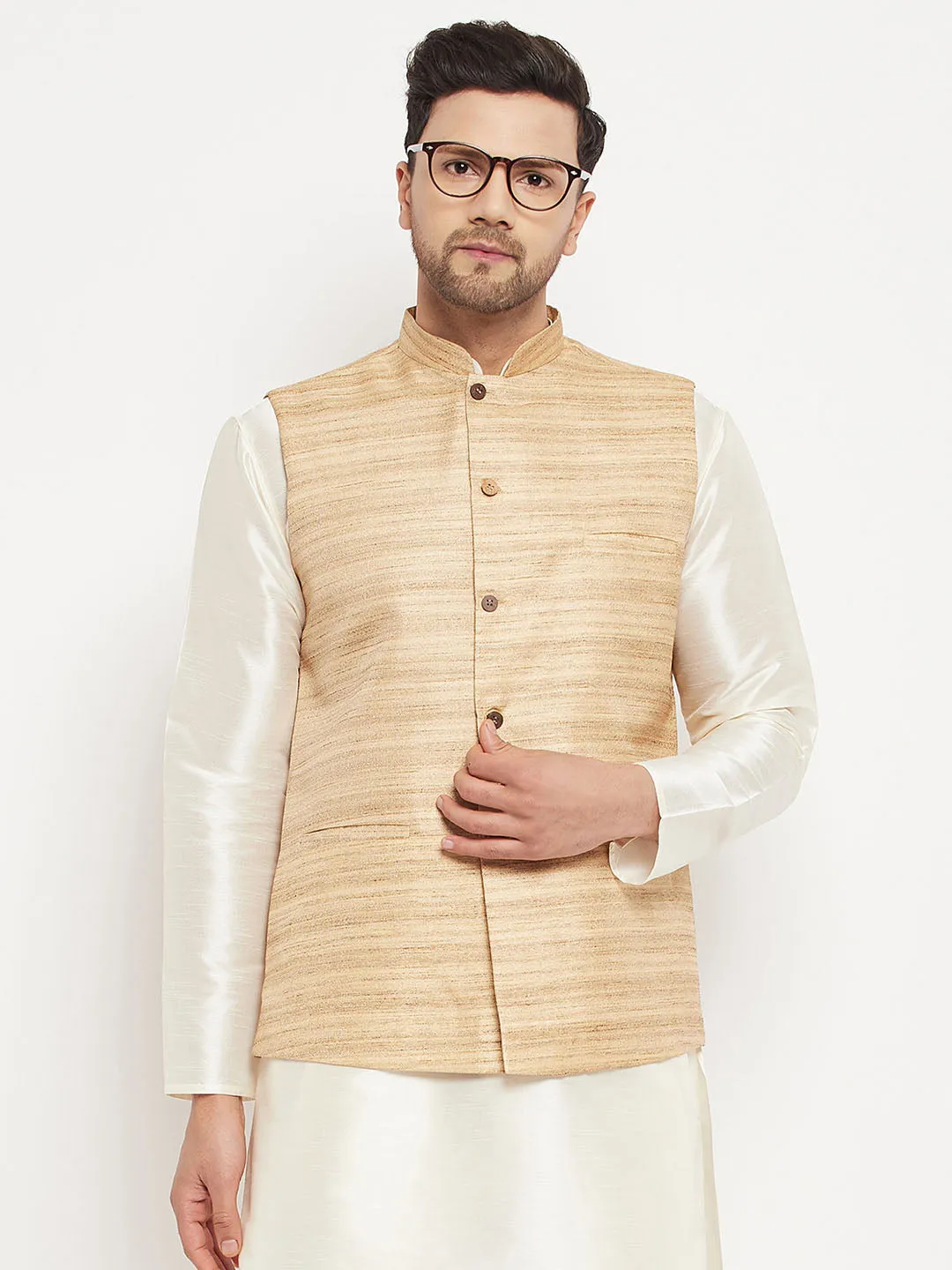 VM BY VASTRAMAY Men's Beige Silk Blend Nehru Jacket