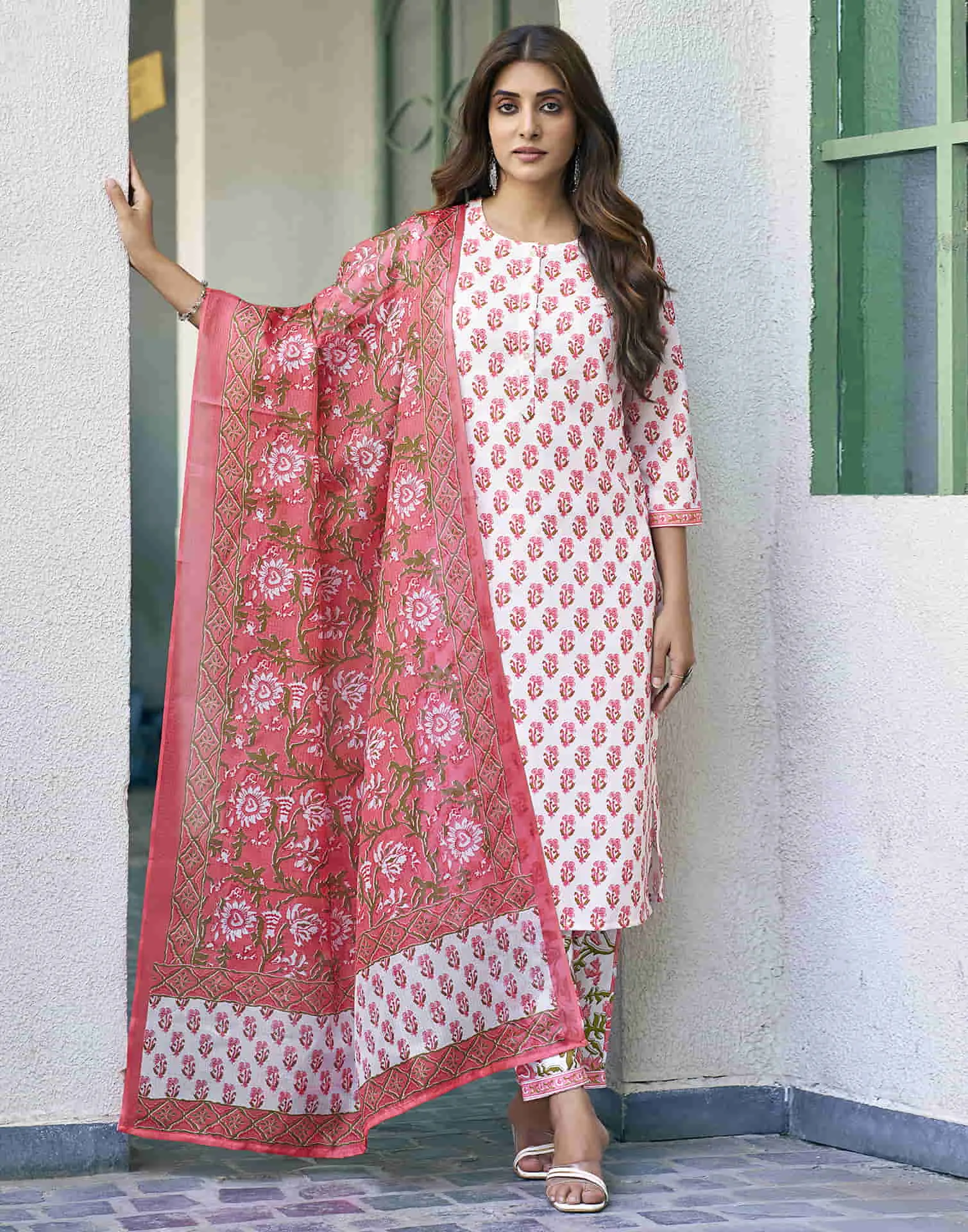 White Printed Rayon Straight Kurta With Pant And Dupatta