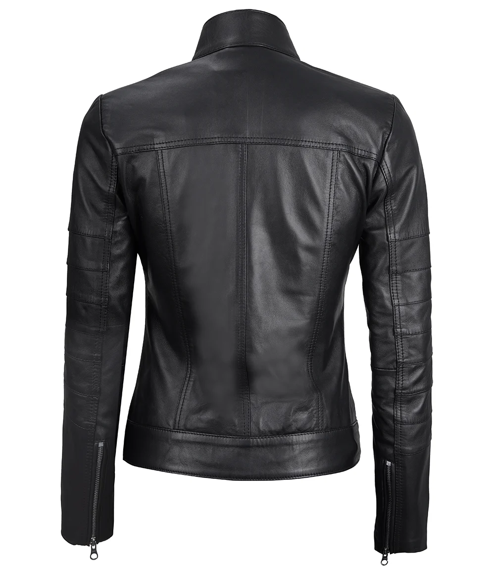 Women's Black Real Leather Cafe Racer Jacket with Decorated Seams