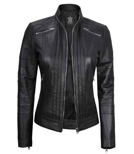 Women's Black Real Leather Cafe Racer Jacket with Decorated Seams