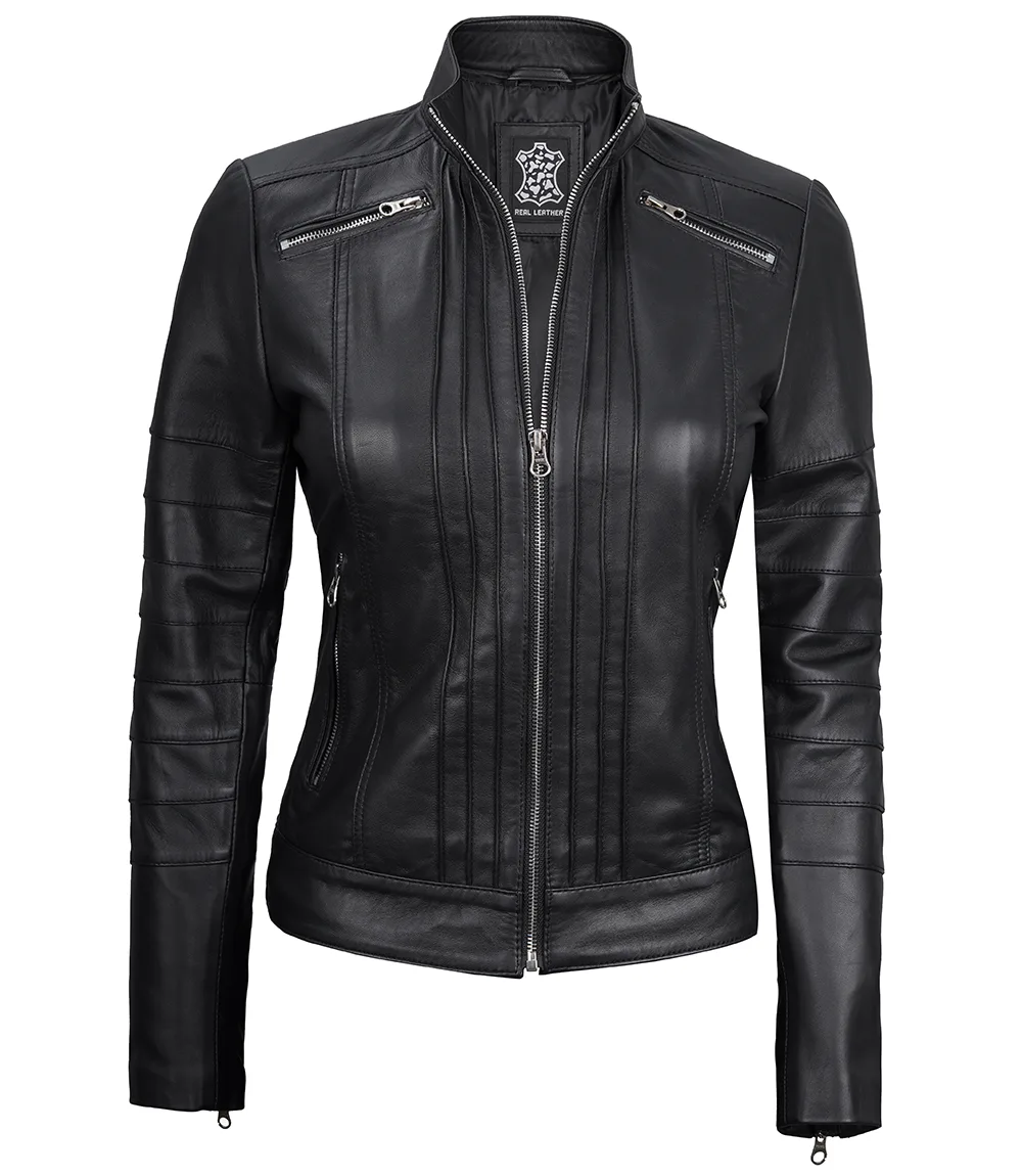 Women's Black Real Leather Cafe Racer Jacket with Decorated Seams