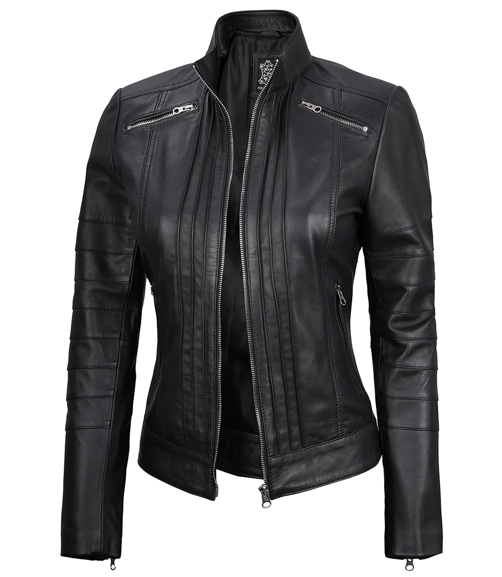 Women's Black Real Leather Cafe Racer Jacket with Decorated Seams