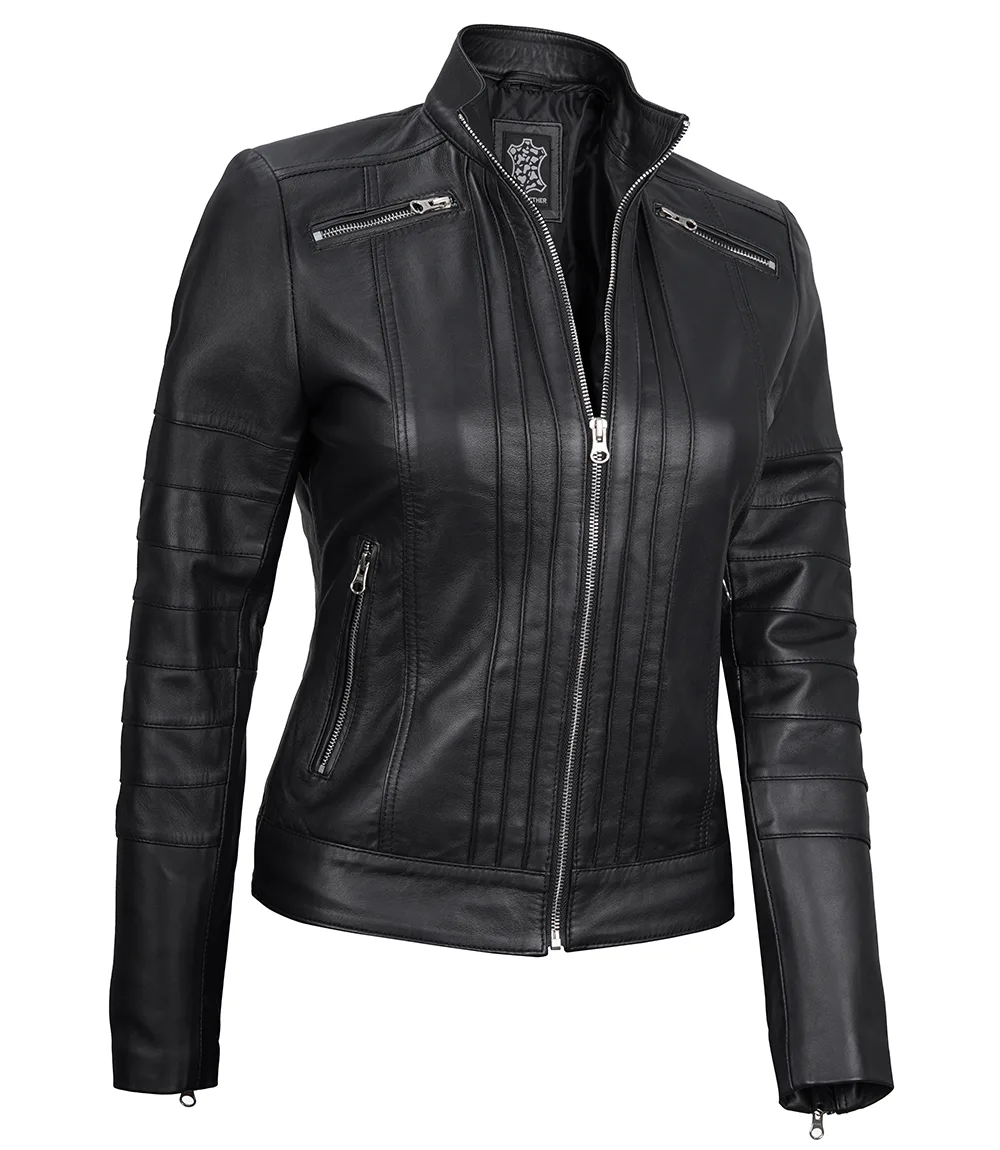 Women's Black Real Leather Cafe Racer Jacket with Decorated Seams