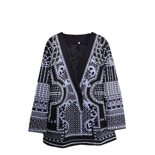 Women's Fashion Geometric Beaded Hidden Buckle Coat Blazer