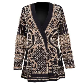 Women's Fashion Geometric Beaded Hidden Buckle Coat Blazer