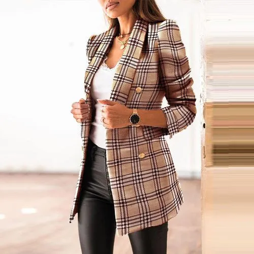 Women's Fashion Plaid Printing Double Breasted Blazer Blazer