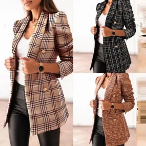 Women's Fashion Plaid Printing Double Breasted Blazer Blazer