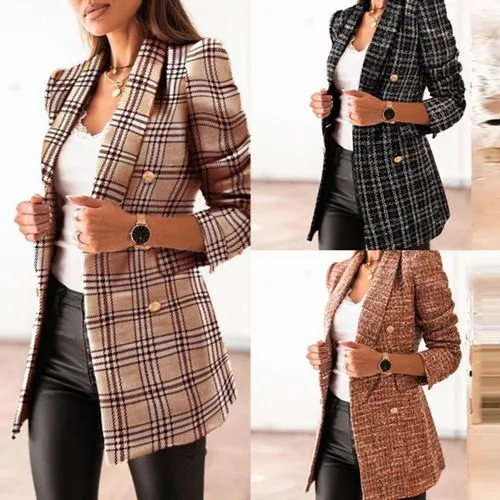 Women's Fashion Plaid Printing Double Breasted Blazer Blazer