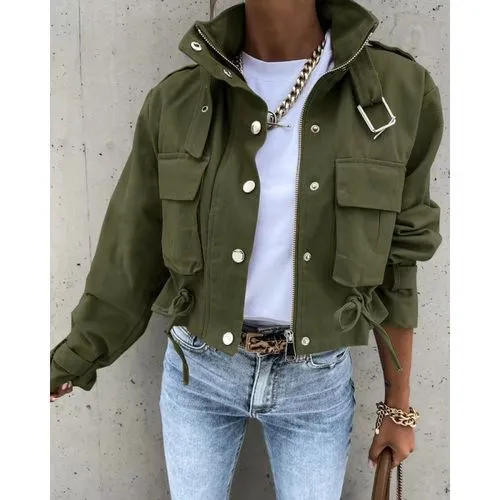 Women's Streetwear Color Block Pocket Single Breasted Zipper Coat Casual Jacket