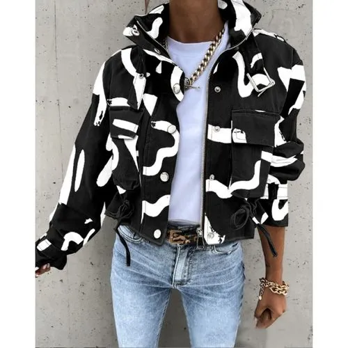 Women's Streetwear Color Block Pocket Single Breasted Zipper Coat Casual Jacket