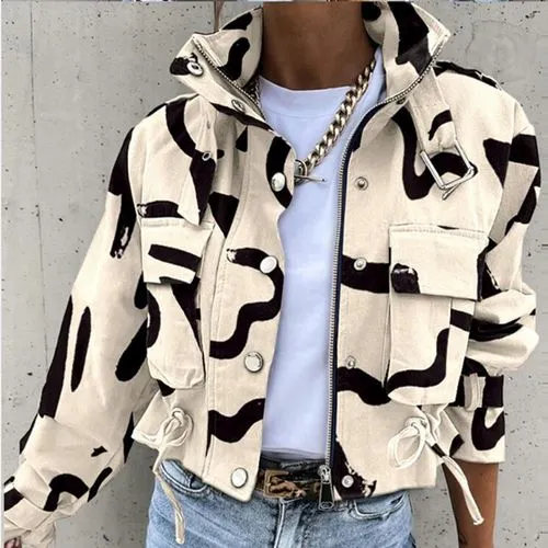 Women's Streetwear Color Block Pocket Single Breasted Zipper Coat Casual Jacket