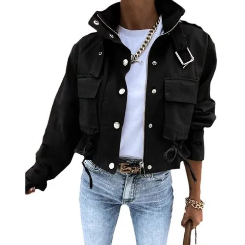 Women's Streetwear Color Block Pocket Single Breasted Zipper Coat Casual Jacket