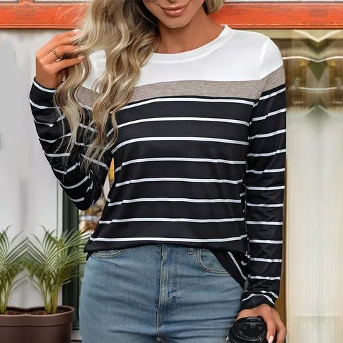 Women's T-shirt Long Sleeve T-Shirts Patchwork Streetwear Stripe