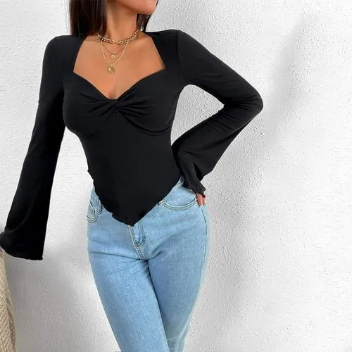 Women's T-shirt Long Sleeve T-shirts Sexy Solid Color