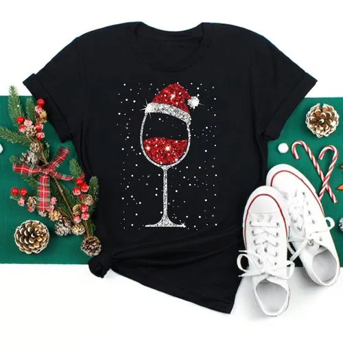 Women's T-shirt Short Sleeve T-shirts Casual Christmas Hat Letter Wine Glass