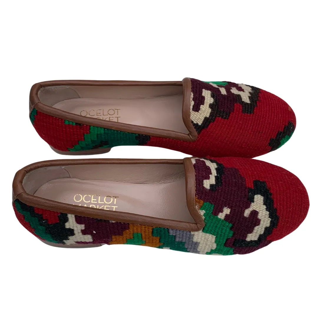 Women's Turkish Kilim Loafers Red with Cream & Green Pattern