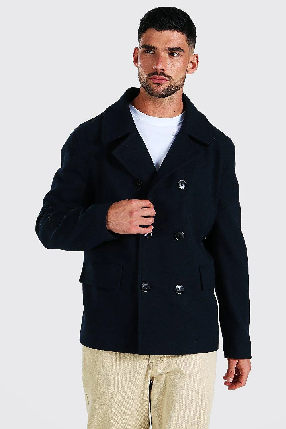 Wool Look Pea Coat | boohooMAN UK