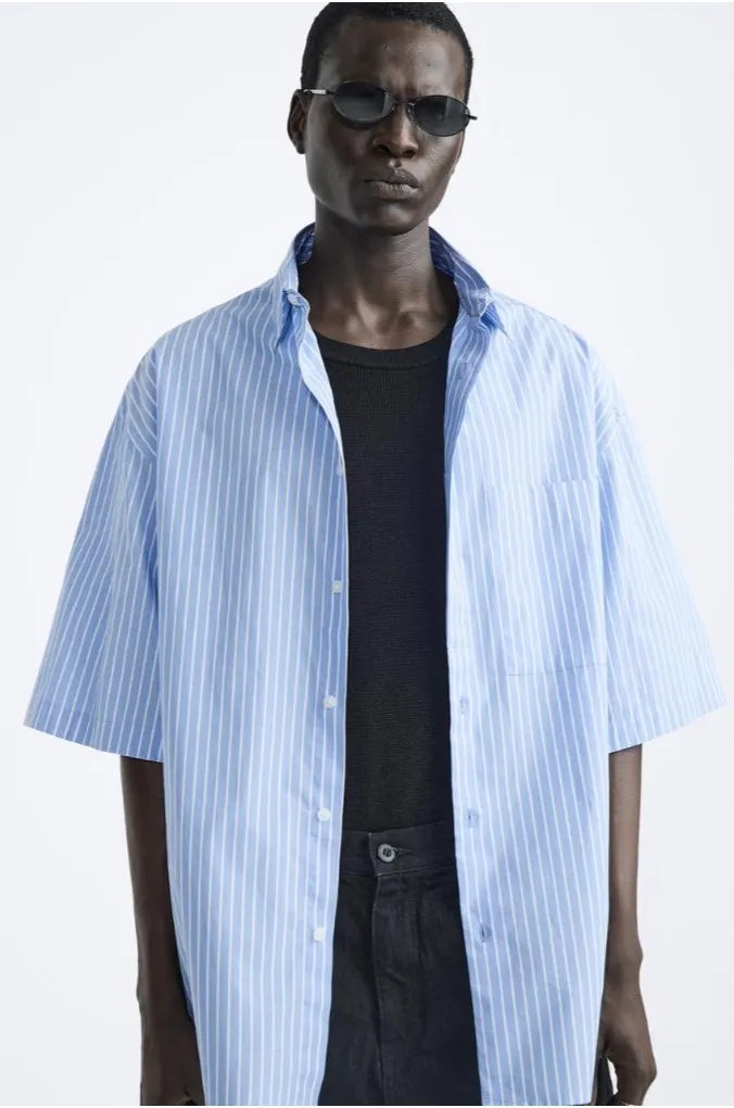 ZARA  |Stripes Cotton Short Sleeves Shirts